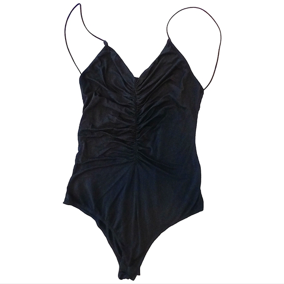 Bear Dance Tops - Black Ruched Bodysuit Spaghetti Straps NWOT Disco 70s Balletcore Size Small